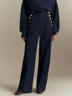 Sezane Marino Trousers High-Rise Navy Wide-Leg Sailor Pants Gold Buttons 36 4 S